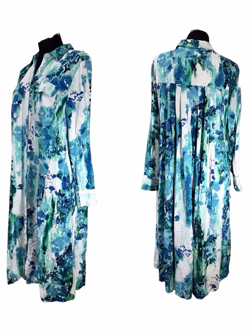 Chico’s Watercolor Floral Shirt Dress Tunic Blue Green Size 3.5 NWT